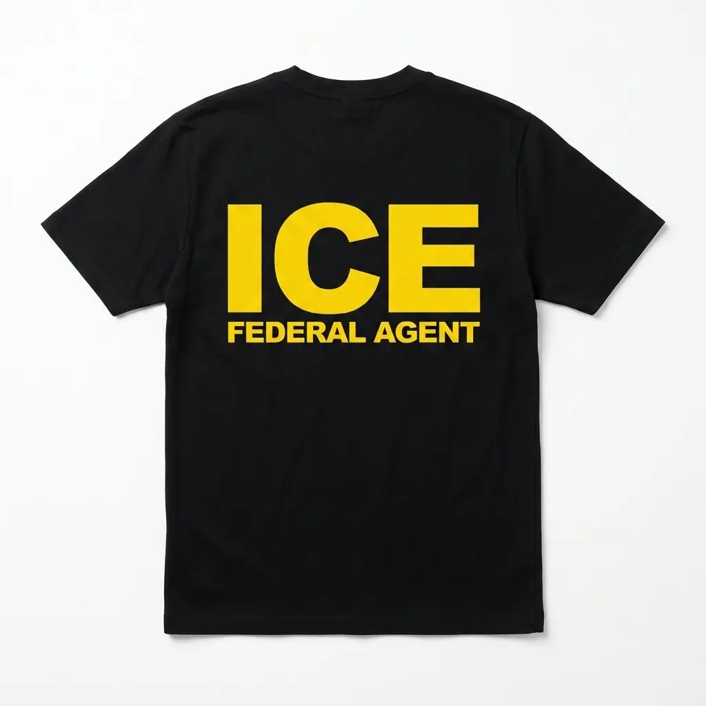 Black T-shirt with yellow 'ICE Federal Agent' text on the back.