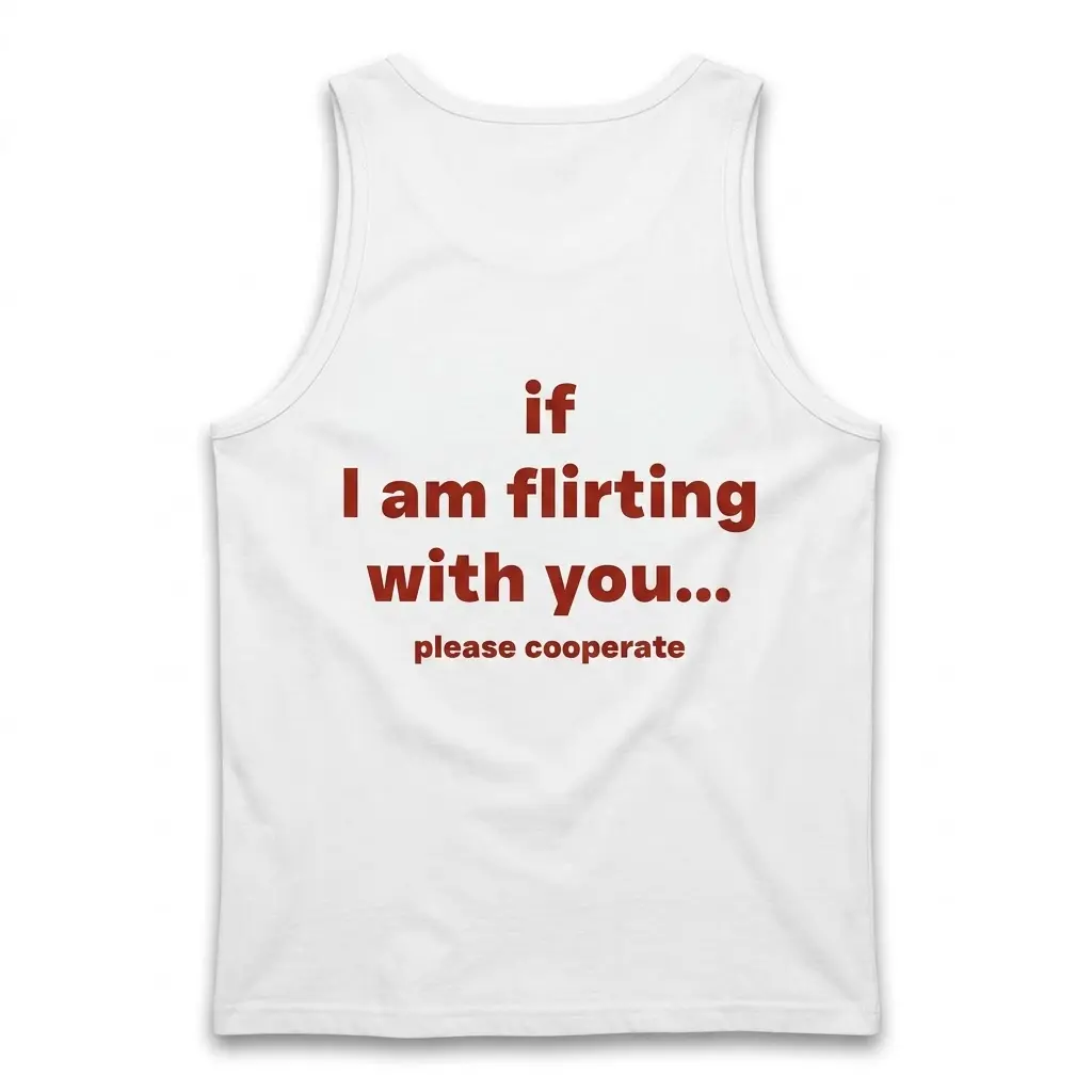 If I Am Flirting With You Please Cooperate T-Shirt 3 Back flat lay of a tank top with the funny dating quote 'if I am flirting with you... please cooperate'.