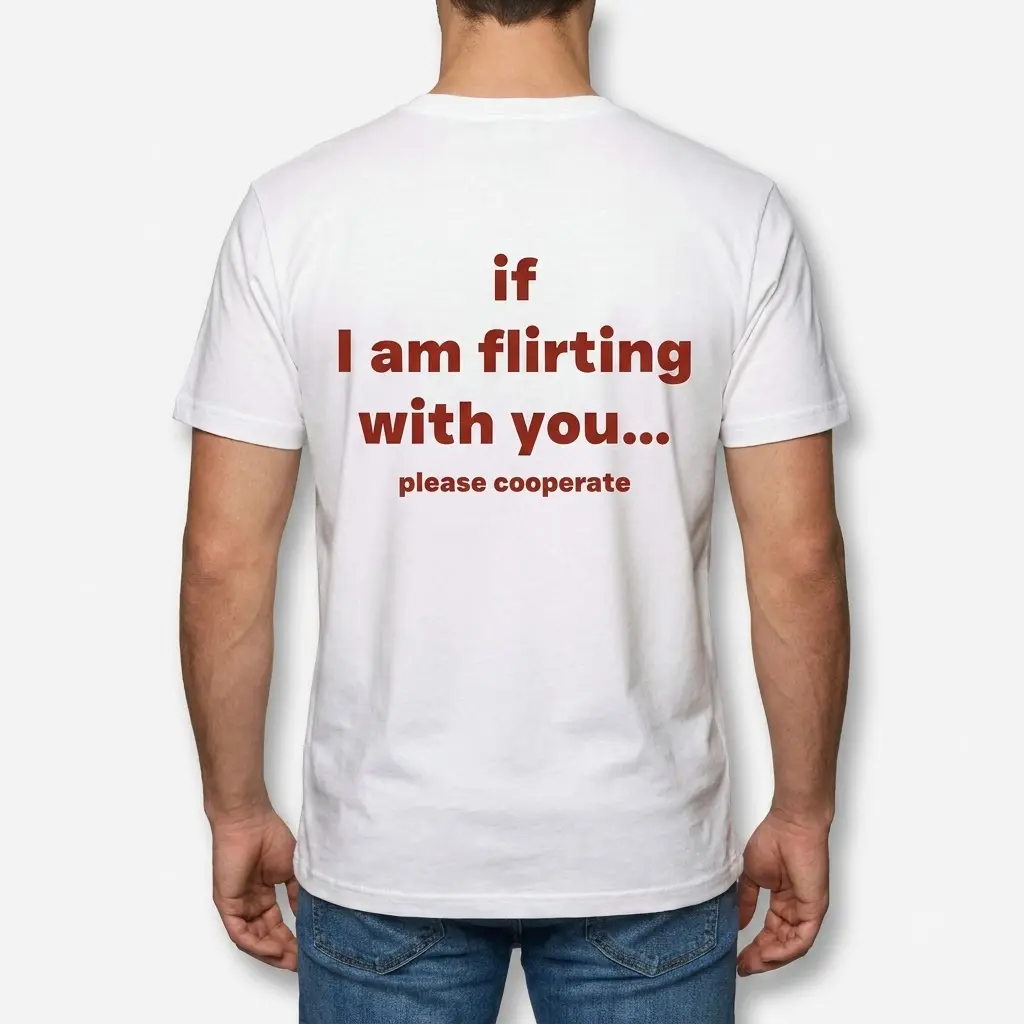 If I Am Flirting With You Please Cooperate T-Shirt 4 Rear view of a man wearing the white funny flirting t-shirt printed with 'if I am flirting with you... please cooperate'.