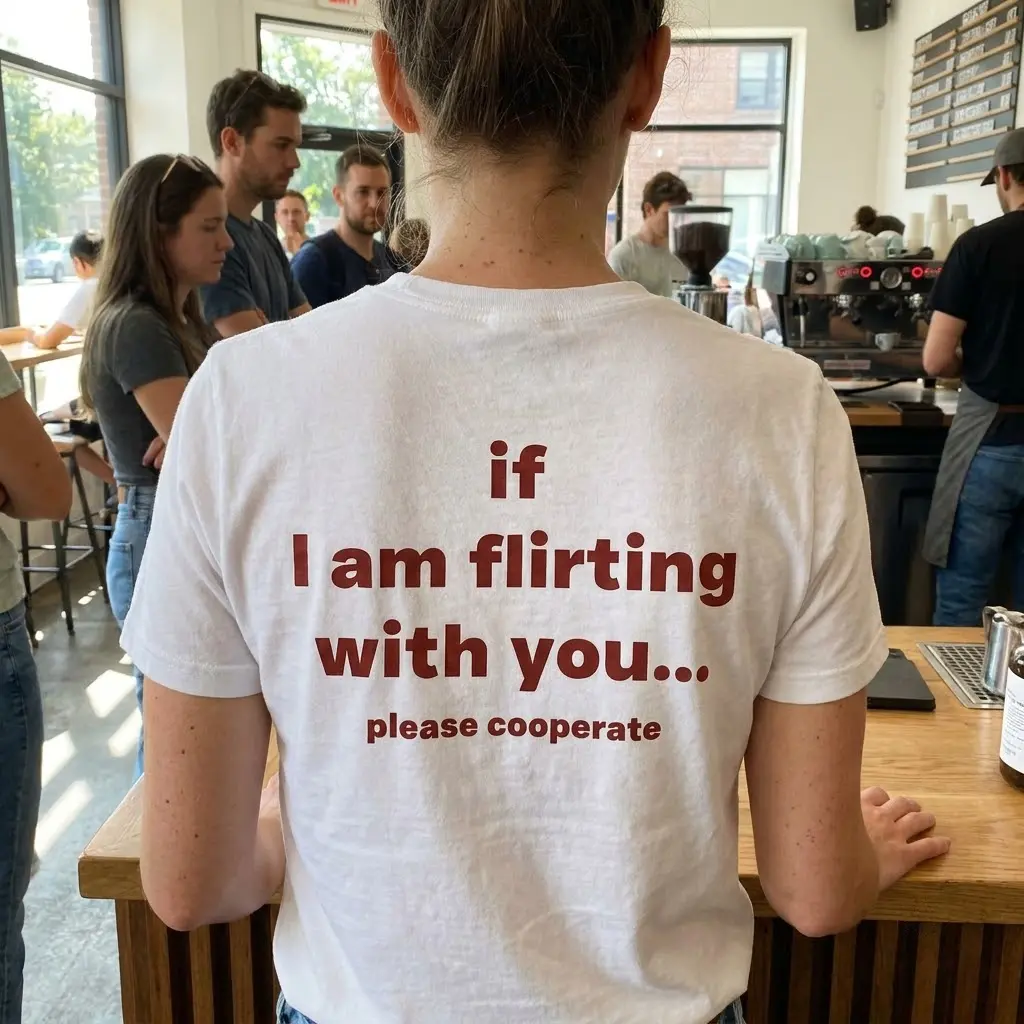 If I Am Flirting With You Please Cooperate T-Shirt 5 Lifestyle setting showcasing the back of the humorous flirting t-shirt with 'if I am flirting with you... please cooperate' text.