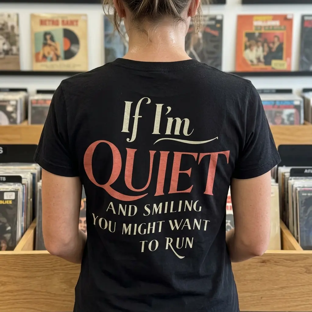 Person wearing T-shirt with witty quote outdoors.