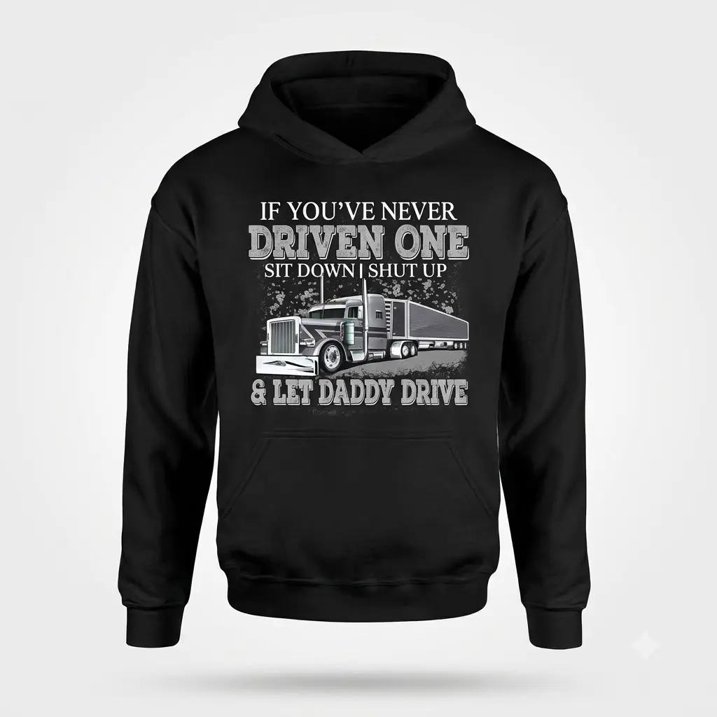 Front flat lay of trucker hoodie with design.