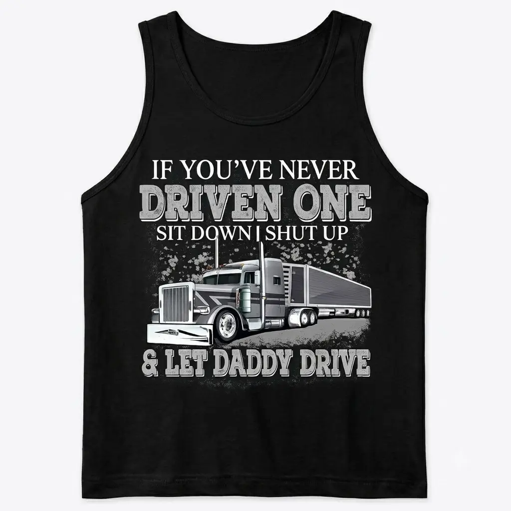 Front flat lay of tank top featuring trucker design.