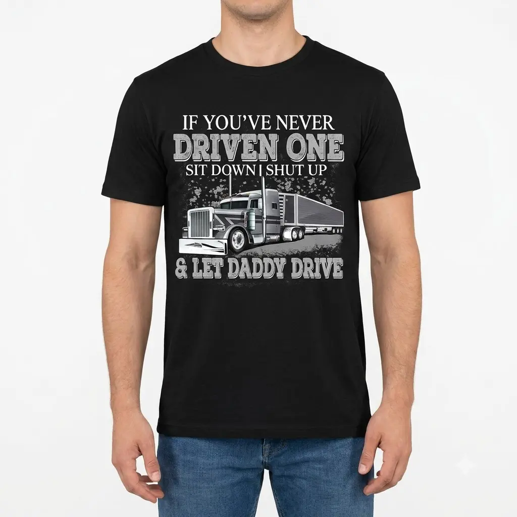 Male model wearing truck driver T-shirt, front view.