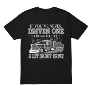 Black trucker T-shirt with truck graphic and text.