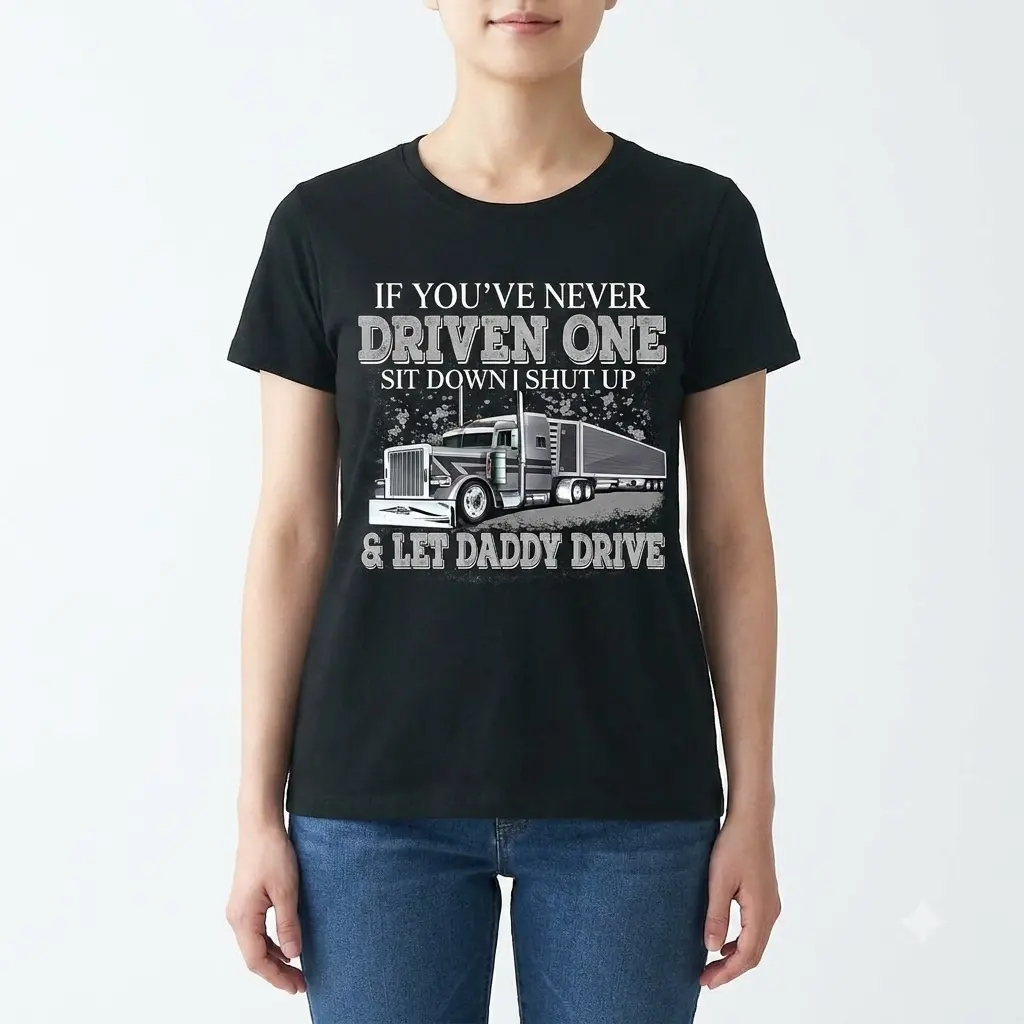 Female model wearing truck driver T-shirt, front view.