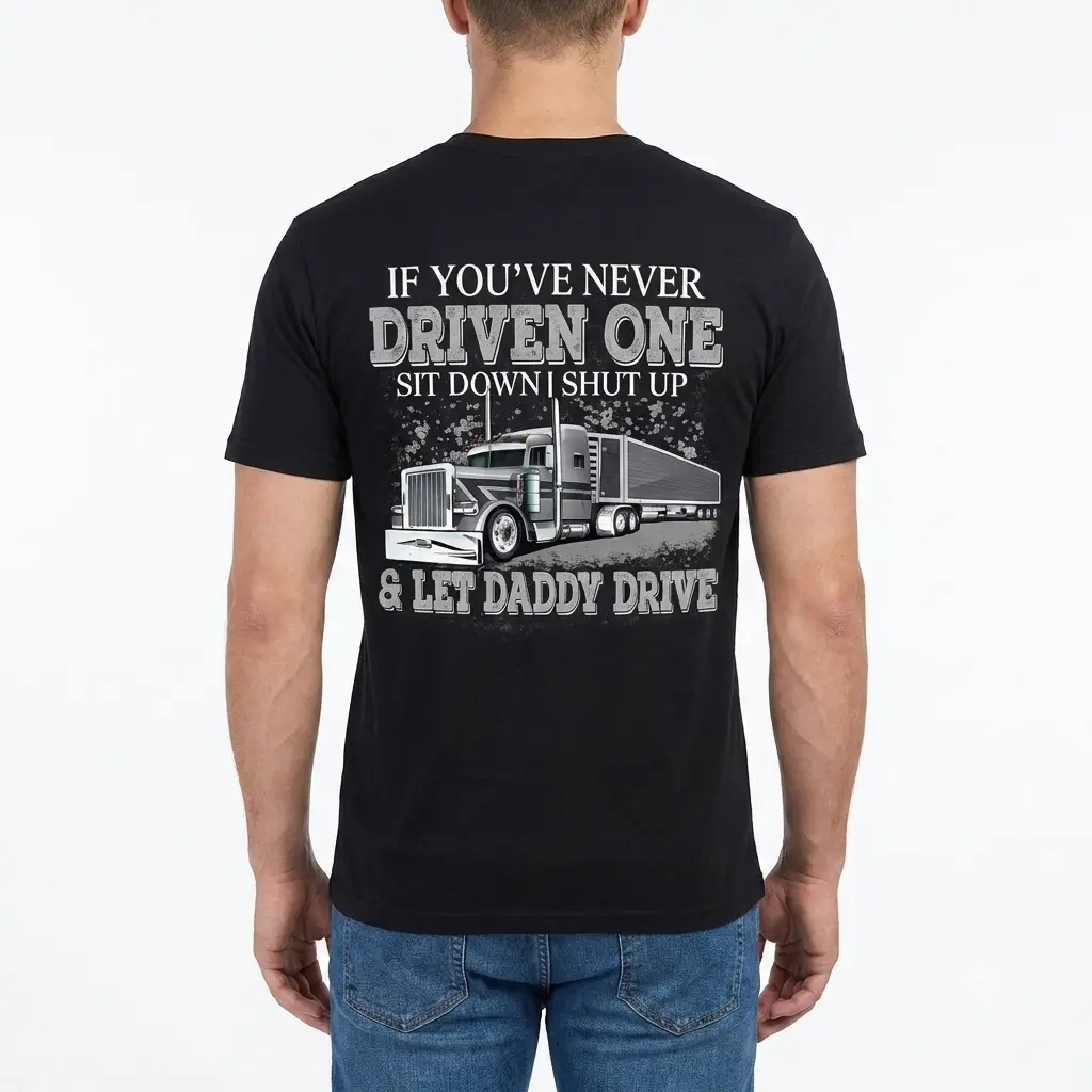 Male model showing the back of truck driver T-shirt.