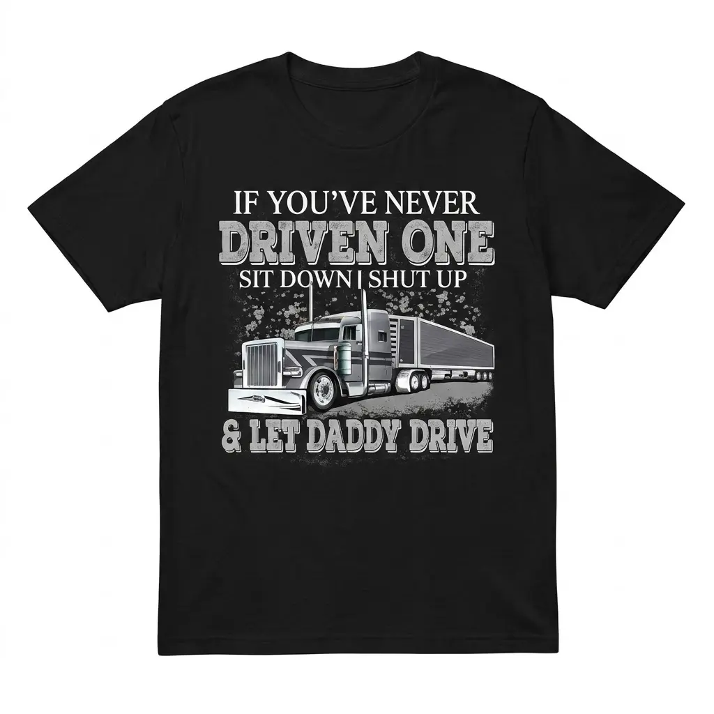Black trucker T-shirt with truck graphic and text.