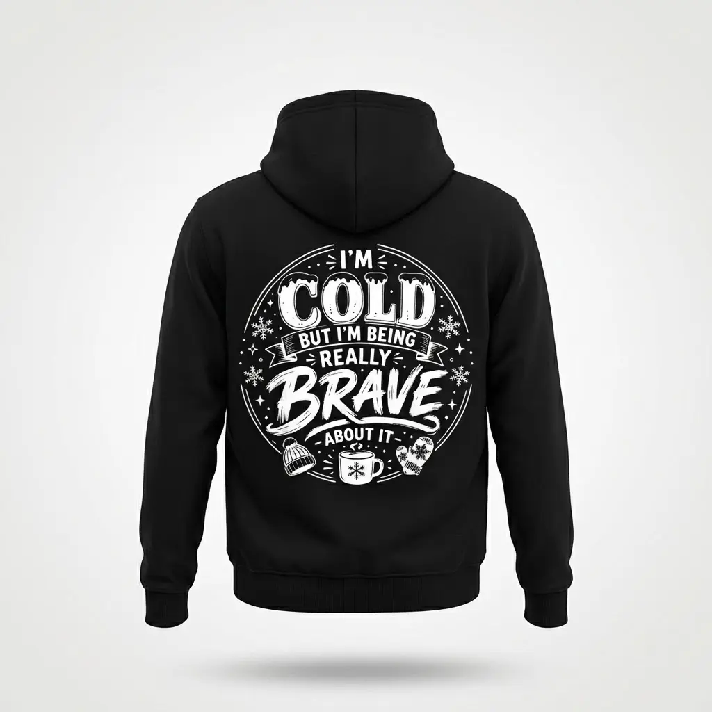 I'm Cold But Really Brave Winter Sarcastic T-Shirt 2 Black hoodie on a flatlay, displaying the white "I'M COLD BUT I'M BEING REALLY BRAVE ABOUT IT" sarcastic winter design with cozy icons on the back.