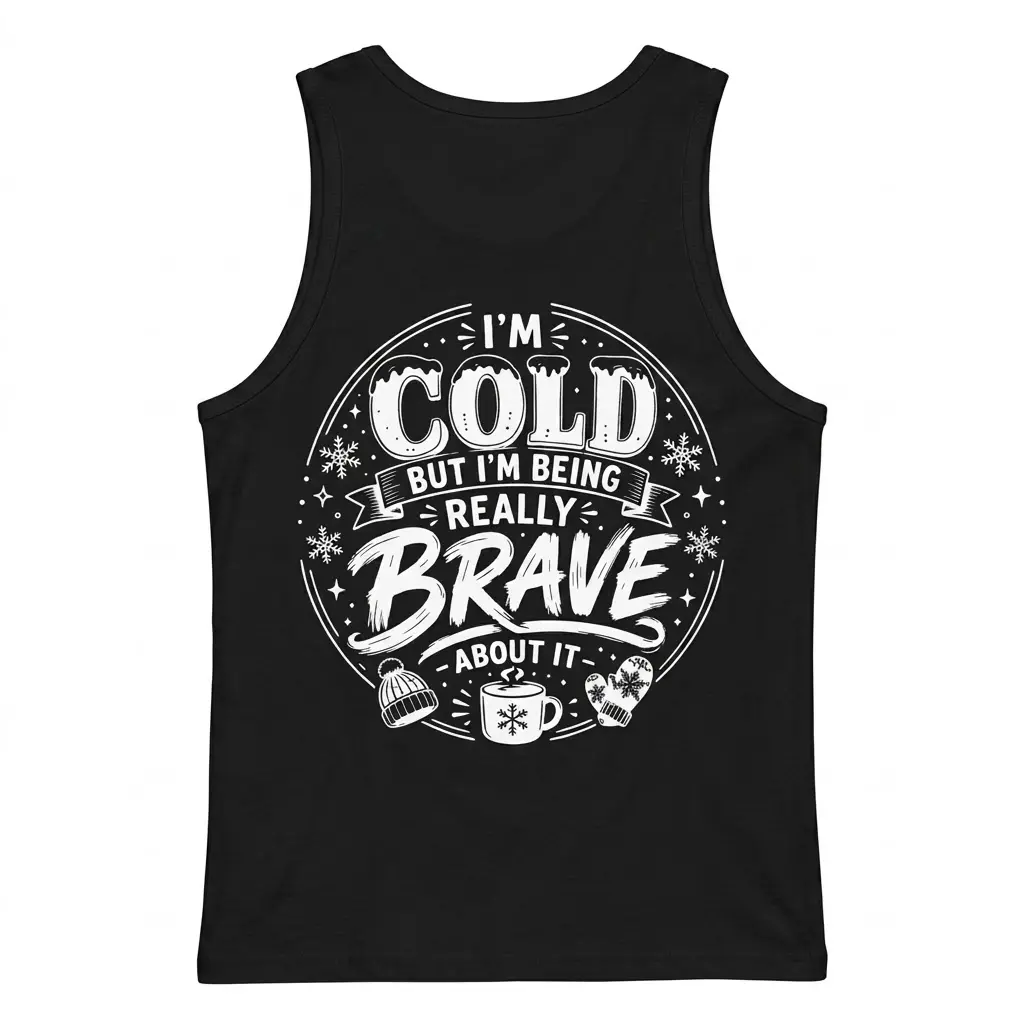 I'm Cold But Really Brave Winter Sarcastic T-Shirt 3 Black tank top on a flatlay, showcasing the witty "I'M COLD BUT I'M BEING REALLY BRAVE ABOUT IT" graphic and winter elements on the back.