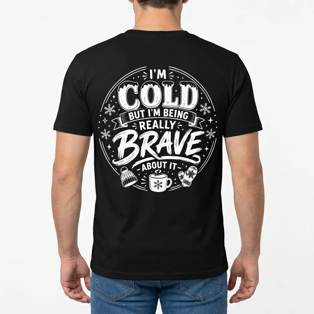 I'm Cold But Really Brave Winter Sarcastic T-Shirt 4 Back view of a man wearing a black t-shirt that features the "I'M COLD BUT I'M BEING REALLY BRAVE ABOUT IT" winter joke design.