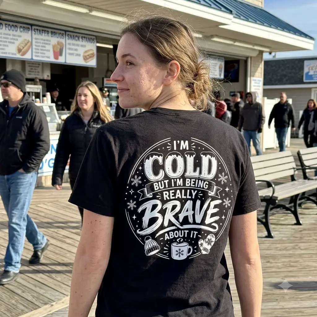 I'm Cold But Really Brave Winter Sarcastic T-Shirt 5 A black t-shirt with the "I'M COLD BUT I'M BEING REALLY BRAVE ABOUT IT" design, conveying relatable cold-weather humor for a cozy vibe.