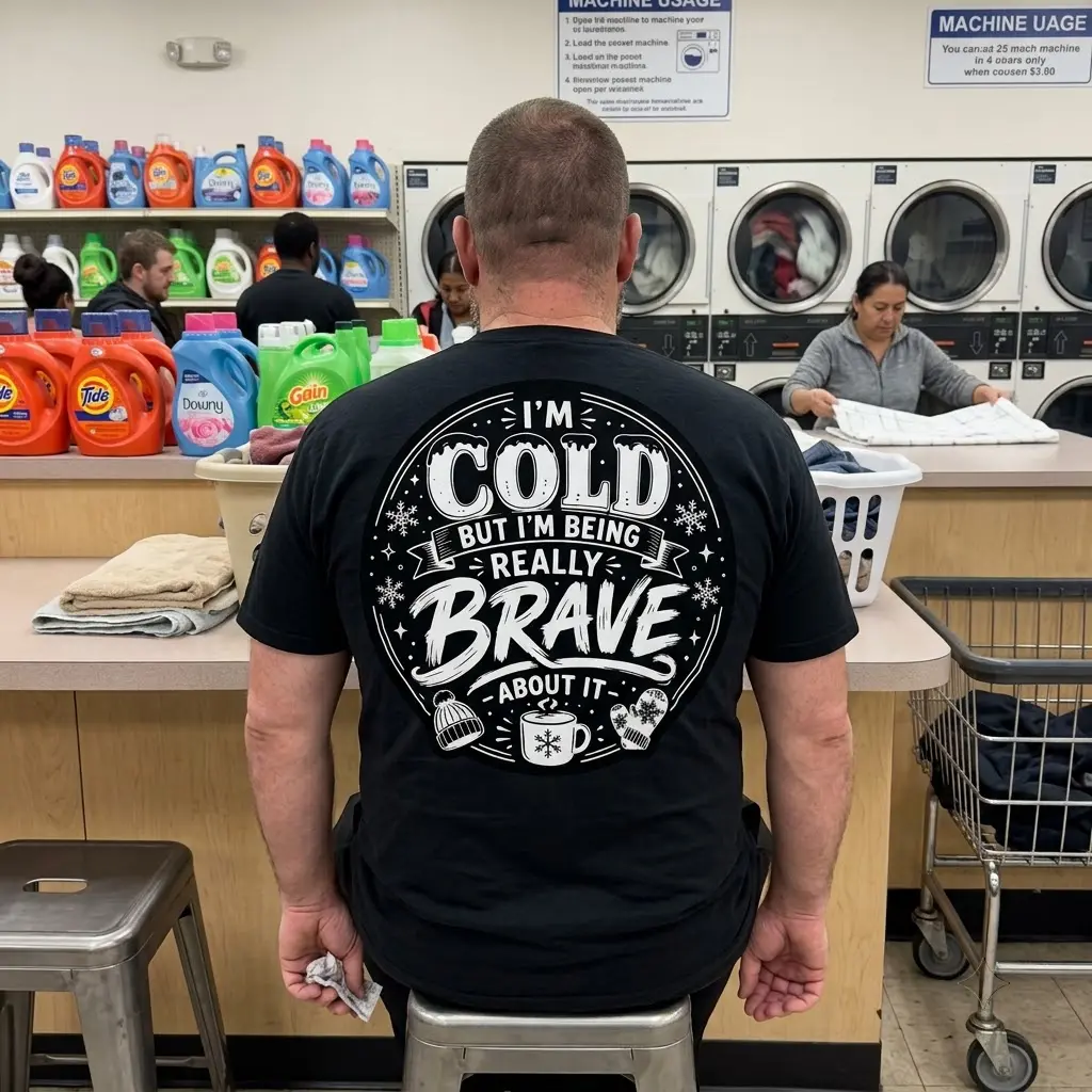 I'm Cold But Really Brave Winter Sarcastic T-Shirt 6 Black t-shirt showcasing the sarcastic "I'M COLD BUT I'M BEING REALLY BRAVE ABOUT IT" quote, perfect for witty winter humor and attitude.