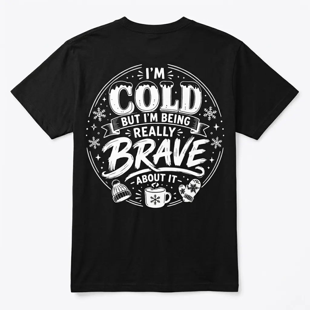 I'm Cold But Really Brave Winter Sarcastic T-Shirt 1 Black t-shirt on a flatlay, featuring the white "I'M COLD BUT I'M BEING REALLY BRAVE ABOUT IT" design with snowflakes, hat, mug, and mittens on the back.