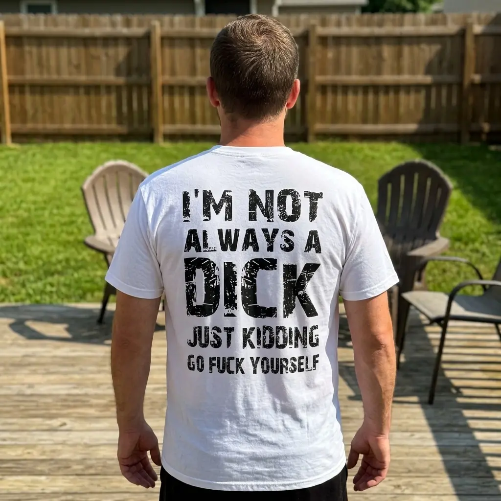 Model wearing the t-shirt in a casual setting, showing the humor in real life.