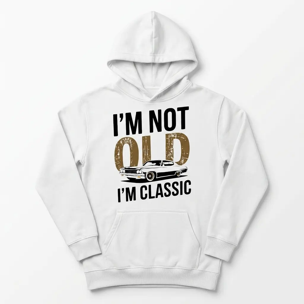 Front view of the Classic Car Graphic Tee showcasing the white fabric and eye-catching text design.