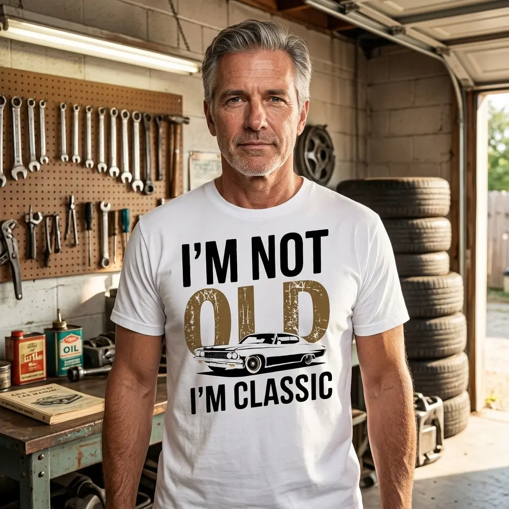 Model wearing the Classic Car Graphic Tee, smiling while showcasing the comfortable fit and playful design.
