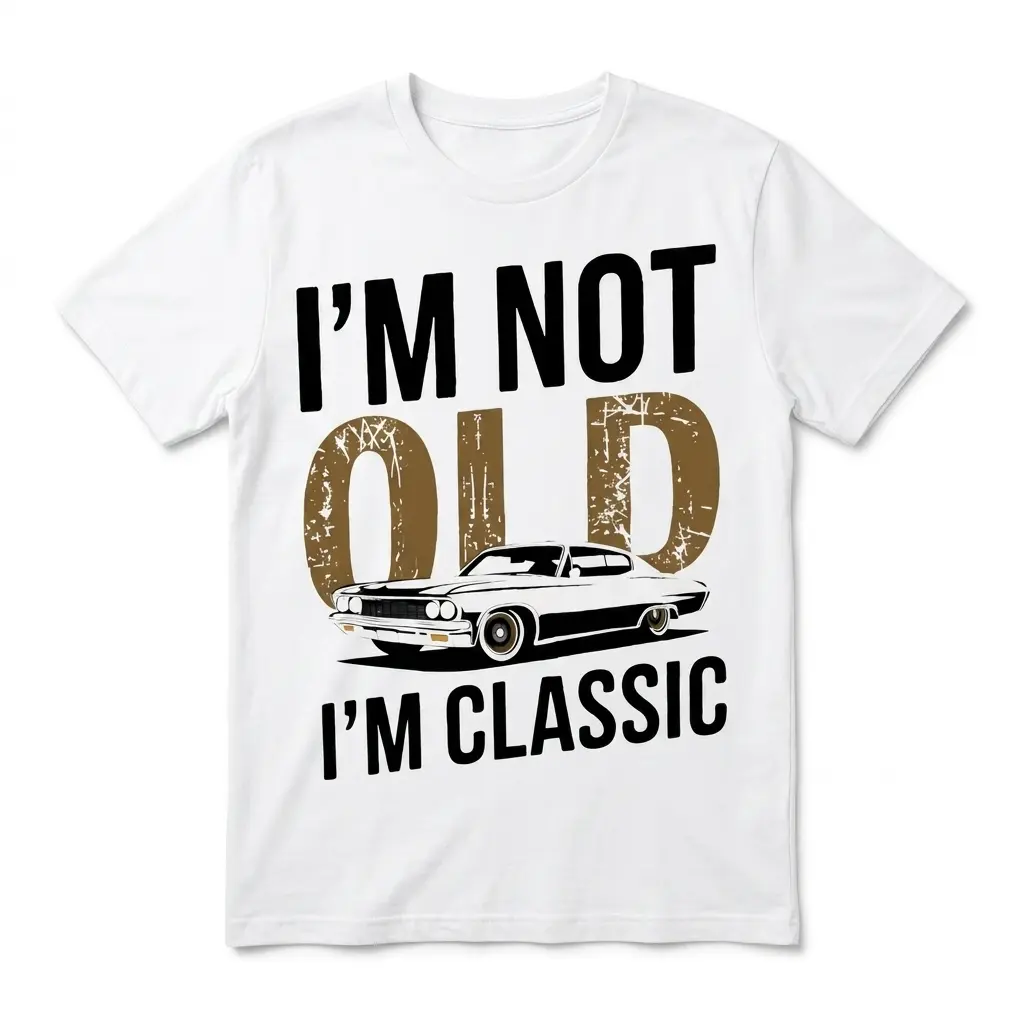 Classic Car Graphic Tee with bold lettering saying 'I'm Not Old I'm Classic' and a graphic of a vintage car.