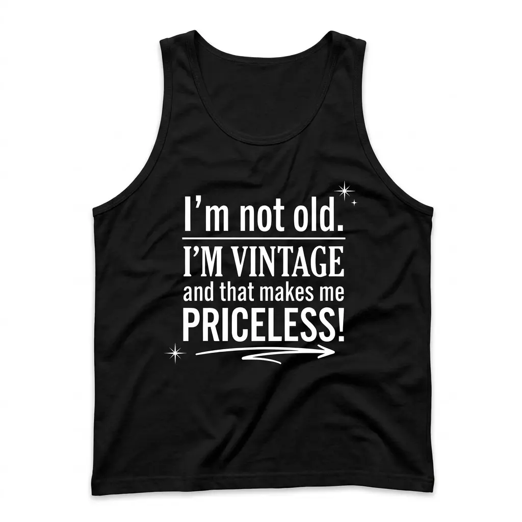 I'm Not Old I'm Vintage Priceless T-Shirt 3 Front view flat lay of a black tank top displaying the vintage aging quote printed in bold white lettering across the chest.