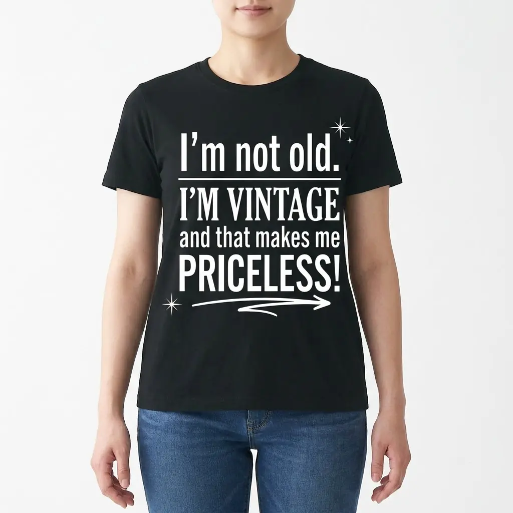 I'm Not Old I'm Vintage Priceless T-Shirt 4 A woman wearing the black I'm Not Old I'm Vintage graphic t-shirt shown from the front.