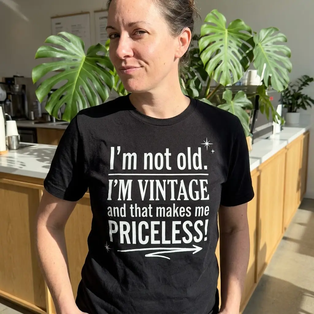 I'm Not Old I'm Vintage Priceless T-Shirt 5 Lifestyle view of the I'm Not Old I'm Vintage graphic shirt worn in an everyday setting.