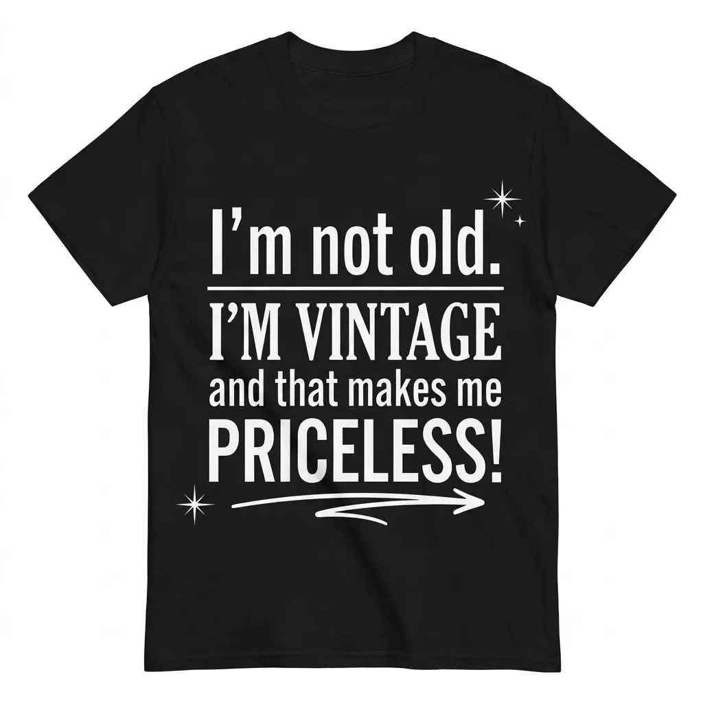 I'm Not Old I'm Vintage Priceless T-Shirt 1 Flat lay of a black t-shirt printed with white text reading I'm not old I'm VINTAGE and that makes me PRICELESS with star and arrow accents.