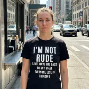 I'm Not Rude Sarcastic Quote T-Shirt 11 Casual lifestyle setting featuring the sarcastic blunt quote design printed on black apparel.
