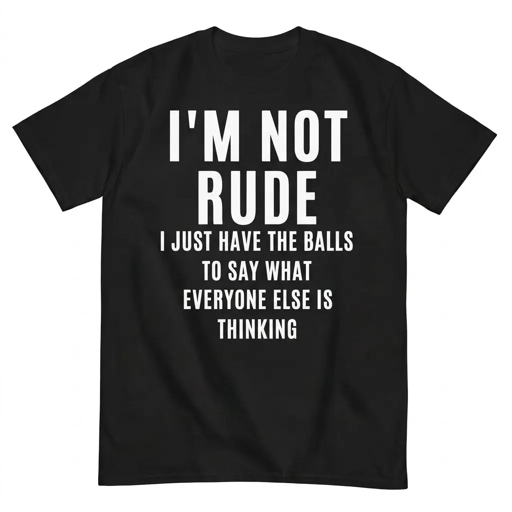 Flat lay of a black t-shirt with white text reading I'm Not Rude I Just Have The Balls To Say What Everyone Else Is Thinking.