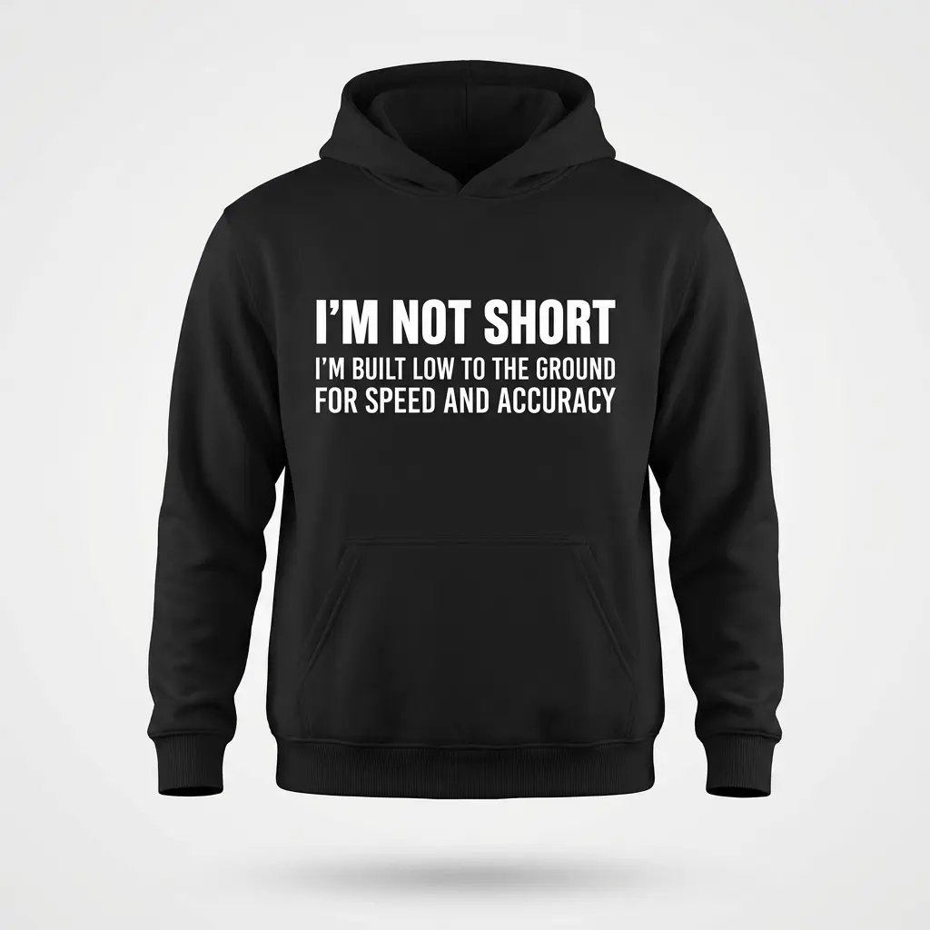 Front flat lay view of a black hoodie featuring the sarcastic text design about being built low to the ground.