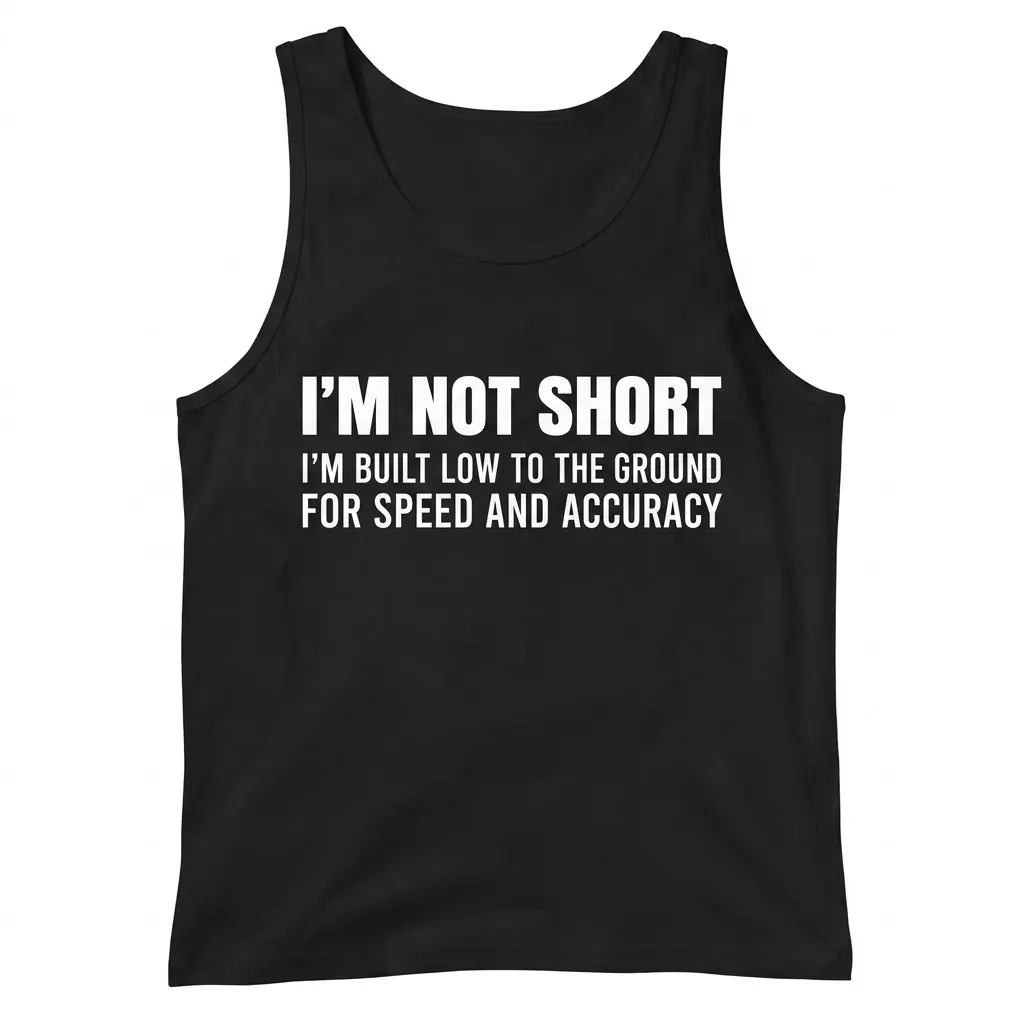 Front flat lay of a black tank top featuring the funny short humor quote in white lettering.