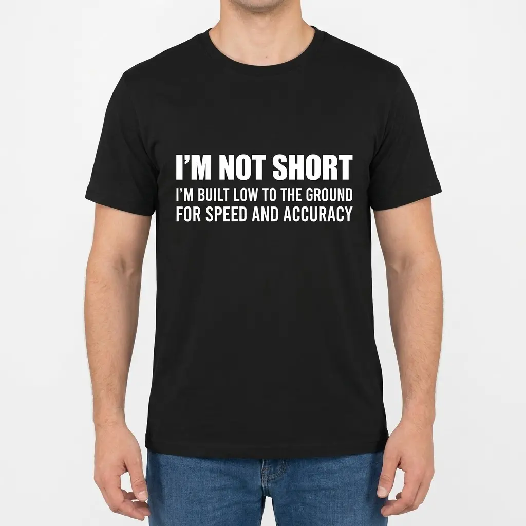Front view of a man wearing the black graphic t-shirt with the humorous quote about being short.