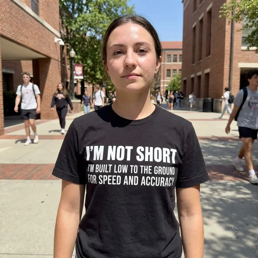 Lifestyle setting showcasing the humorous black graphic t-shirt with funny text about height.