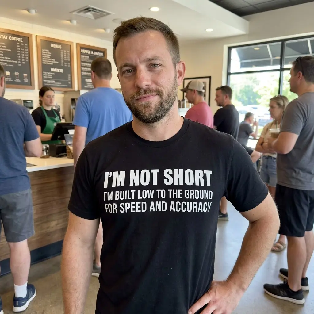 Casual lifestyle scene displaying the black shirt with the witty speed and accuracy height quote.