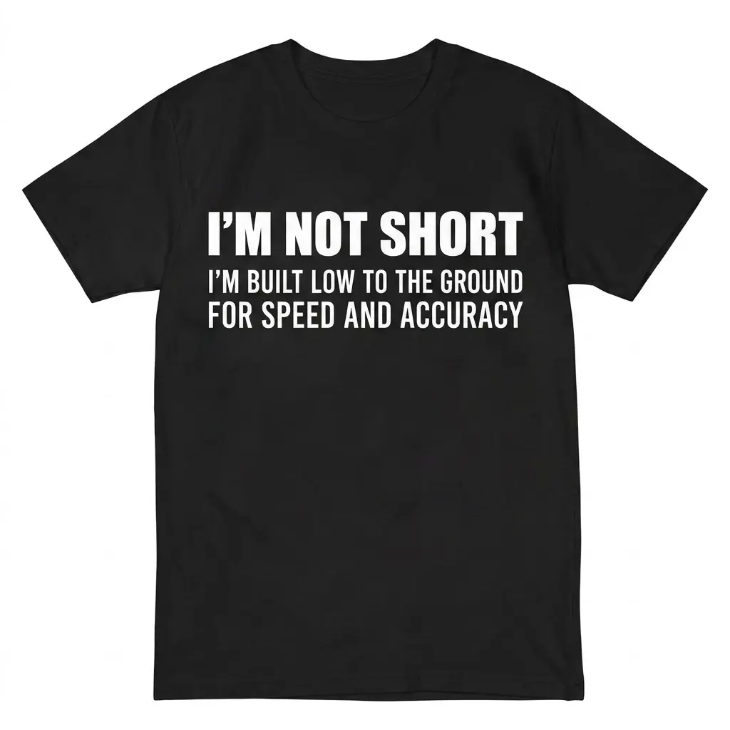 Flat lay of a black t-shirt printed with text reading I'm Not Short I'm Built Low to the Ground for Speed and Accuracy.
