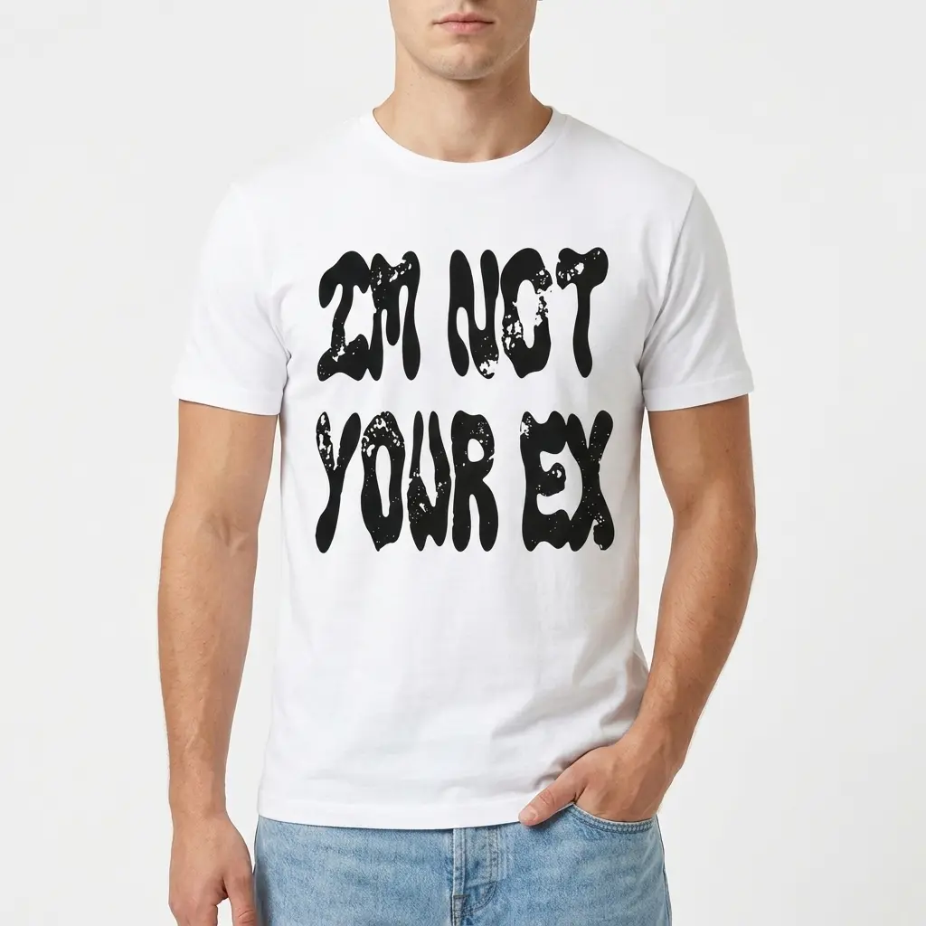 Close-up of t-shirt text 'I'm Not Your Ex' in black.