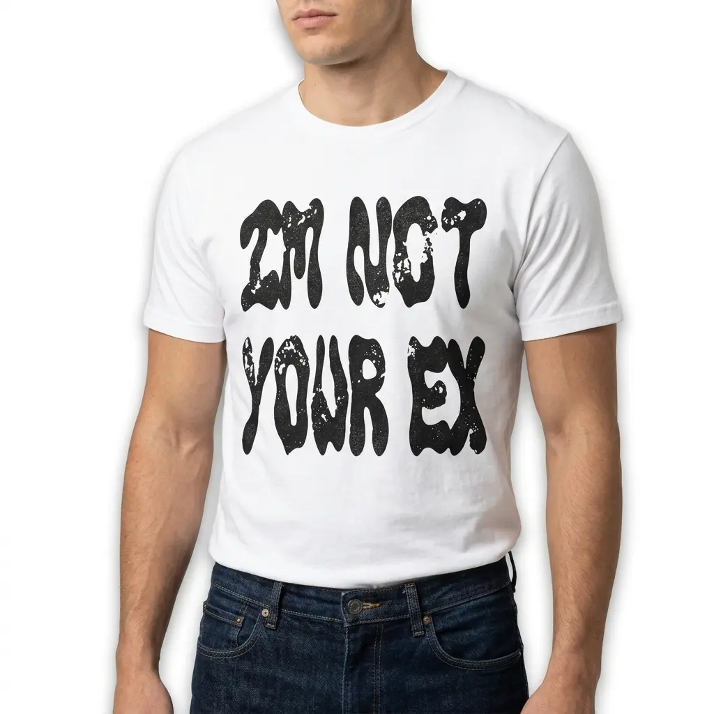 Detailed view of t-shirt design with expressive font.