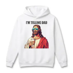 I'm Telling Dad Funny Jesus T-Shirt 7 Front view of a funny Jesus T-shirt with 'I'm Telling Dad' text.