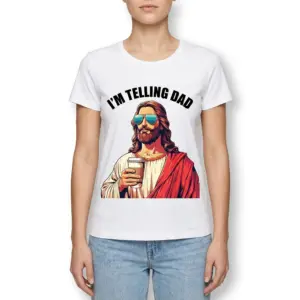 I'm Telling Dad Funny Jesus T-Shirt 9 Closeup of white shirt with 'I'm Telling Dad' Jesus design.