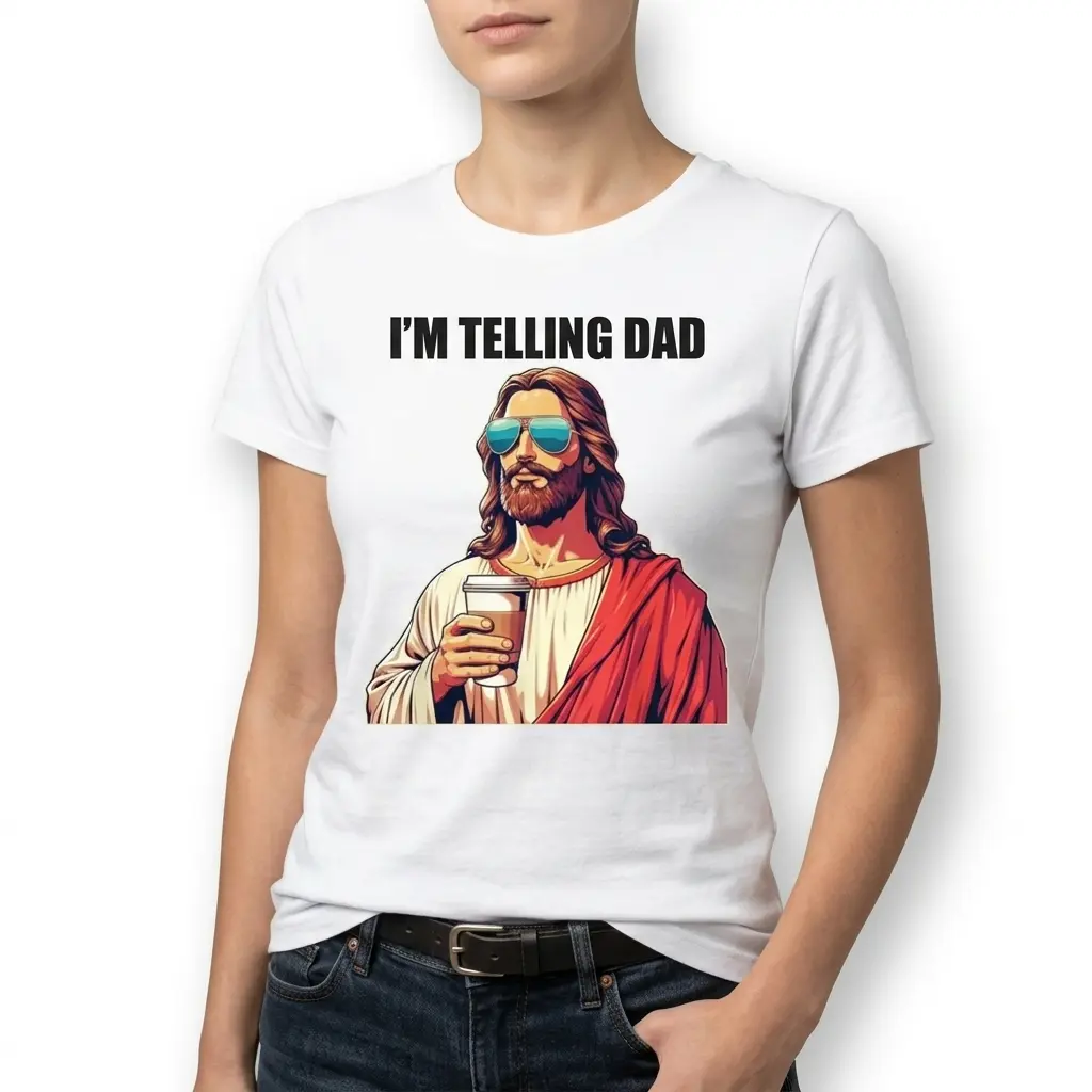 I'm Telling Dad Funny Jesus T-Shirt 5 T-shirt displaying Jesus in sunglasses and 'I'm Telling Dad' print.