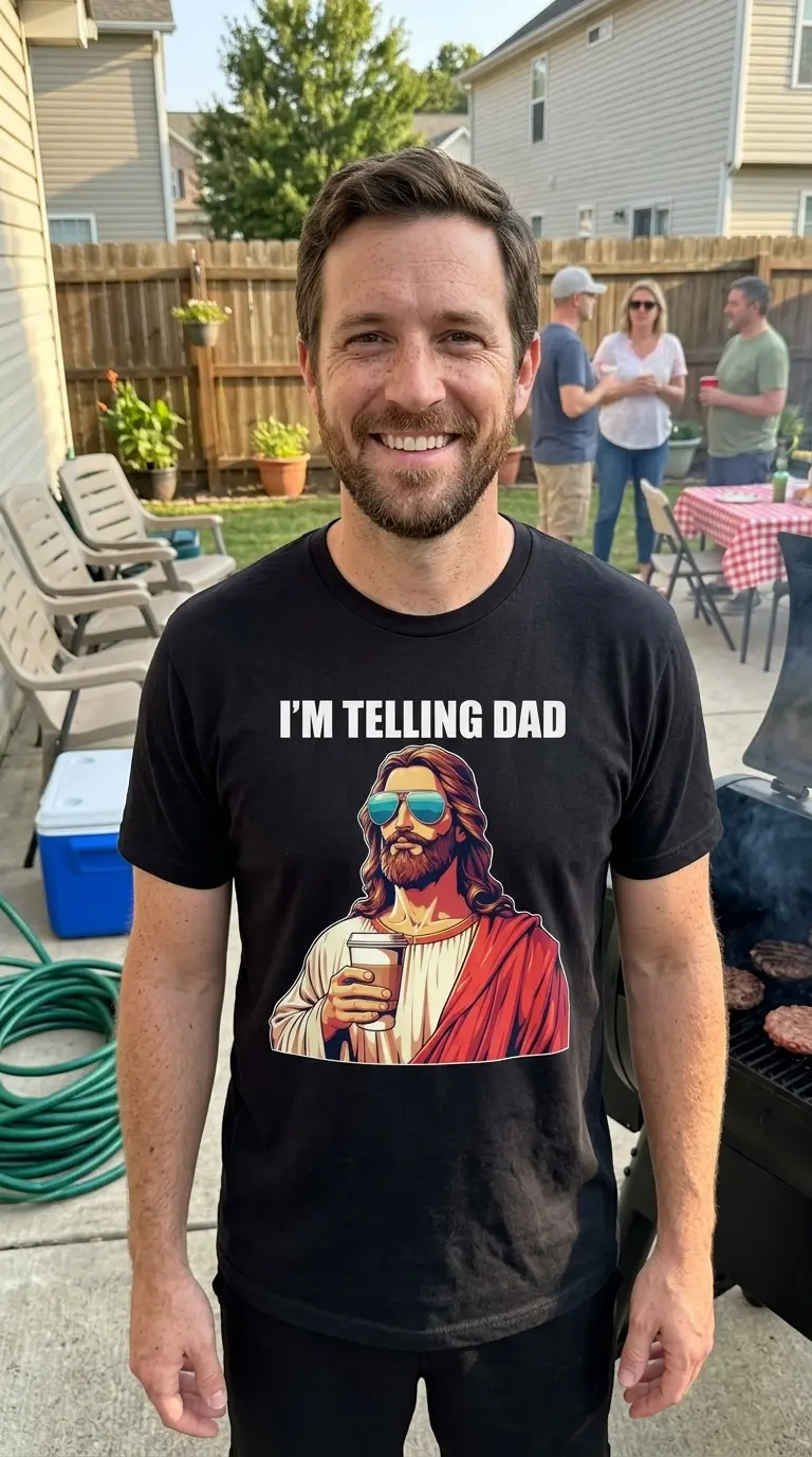 I'm Telling Dad Funny Jesus T-Shirt 6 Person wearing a casual shirt with 'I'm Telling Dad' Jesus print.