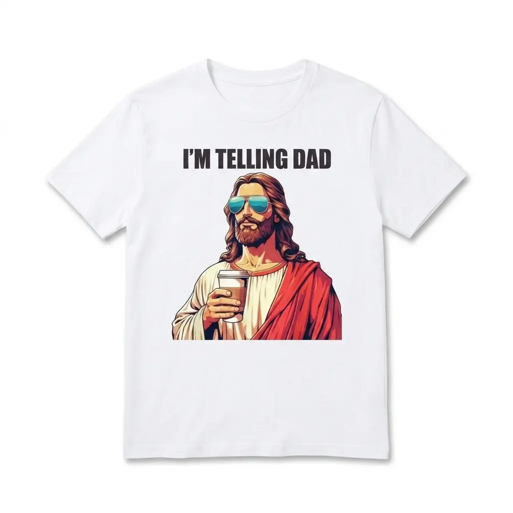 I'm Telling Dad Funny Jesus T-Shirt 1 White T-shirt with humorous Jesus graphic reading 'I'm Telling Dad'.