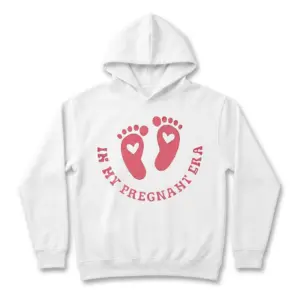 In My Pregnant Era Footprint T-Shirt 7 Front view of t-shirt with pink footprint and pregnancy-themed text.