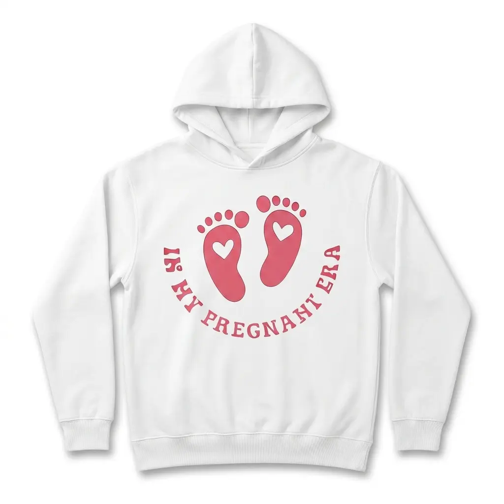 Front view of t-shirt with pink footprint and pregnancy-themed text.