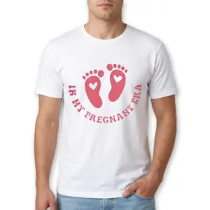 In My Pregnant Era Footprint T-Shirt 8 Close-up of pink footprint design and text on white t-shirt.