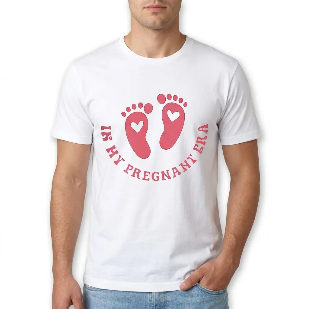 Close-up of pink footprint design and text on white t-shirt.