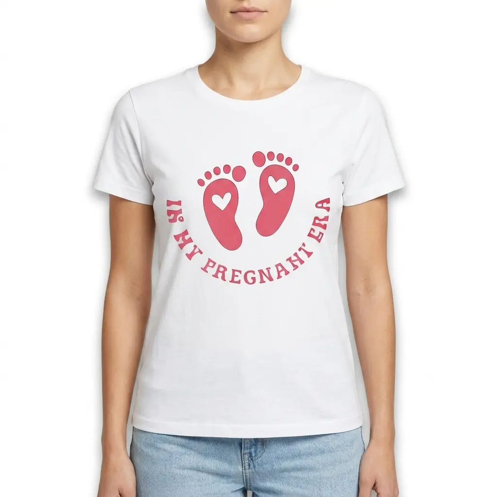Side view of white t-shirt showing pink design, 'In My Pregnant Era'.