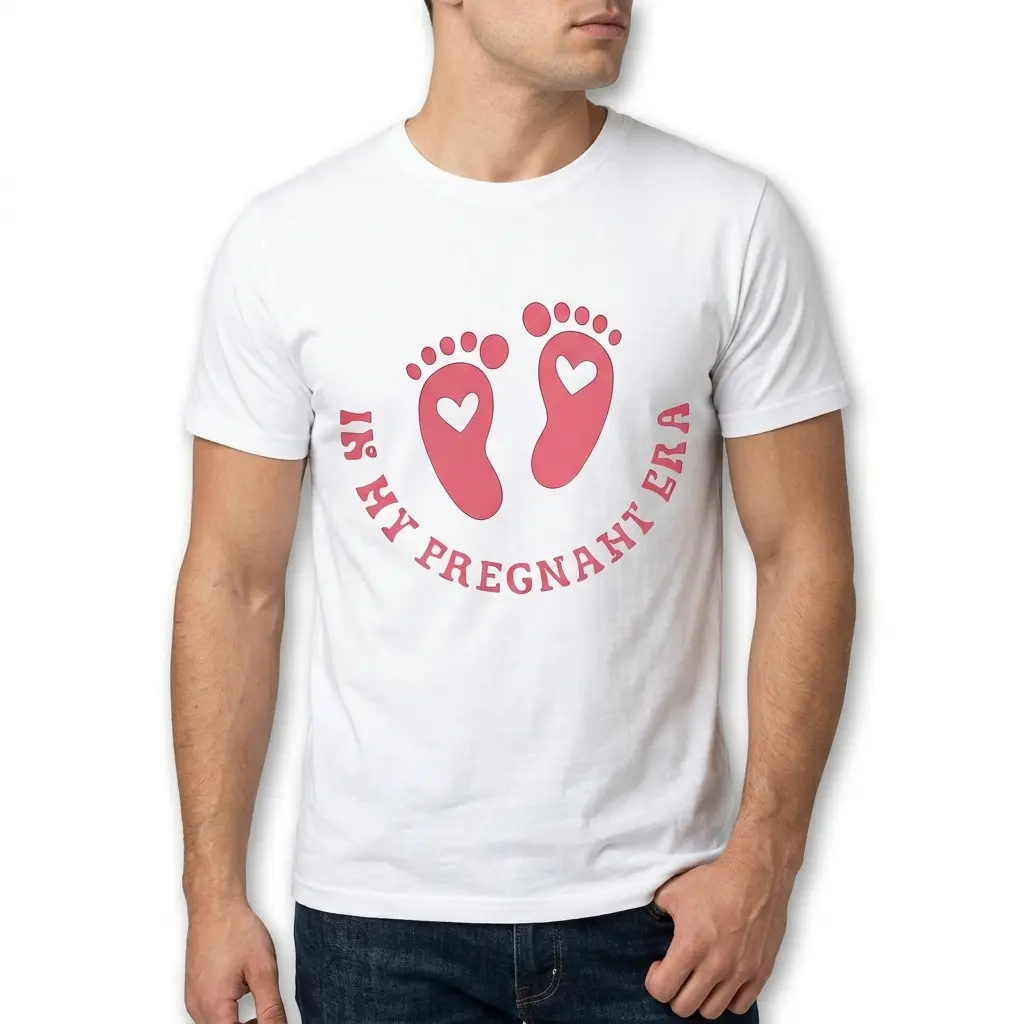 White mom shirt with pink pregnancy footprint and text design.