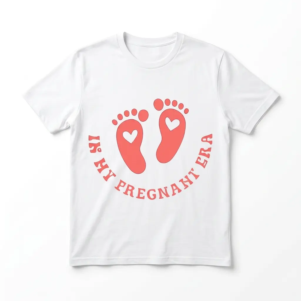 White t-shirt with 'In My Pregnant Era' and footprint design in pink.
