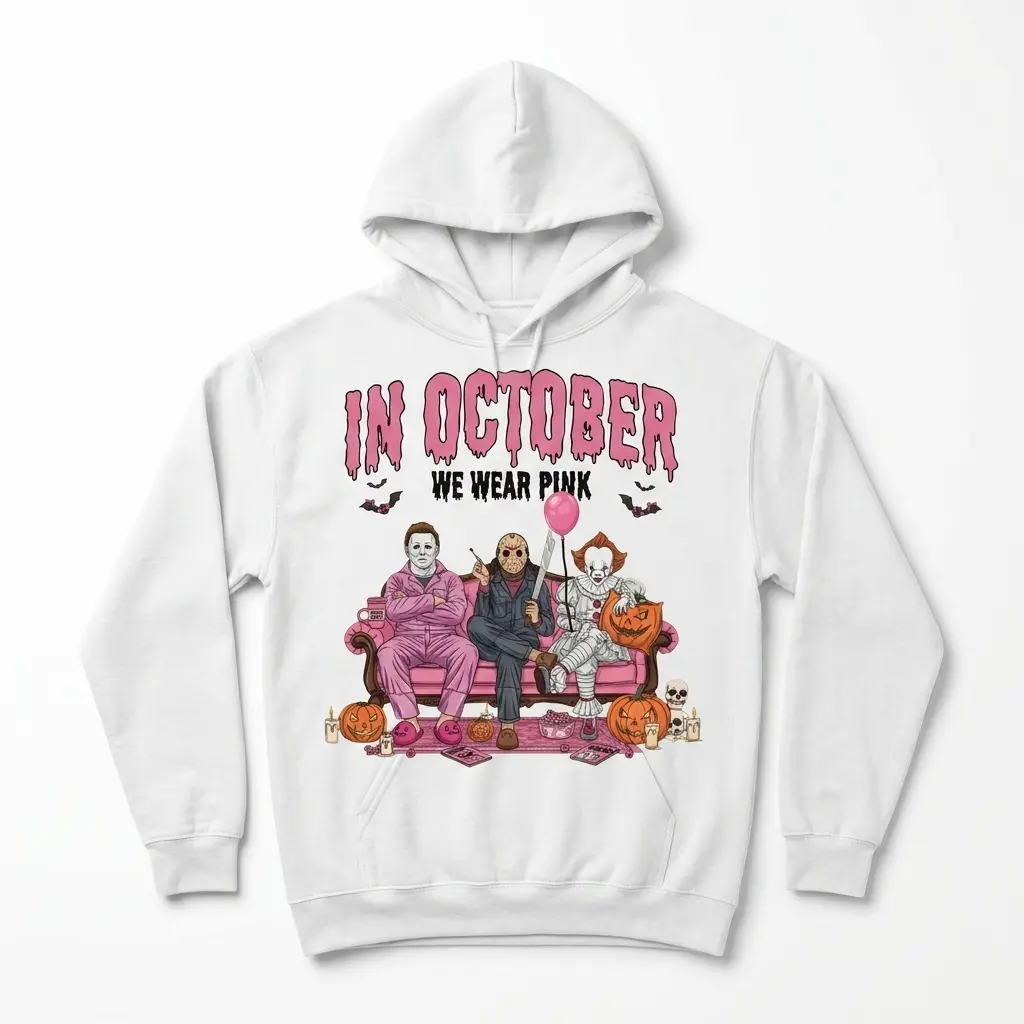 In October We Wear Pink Horror Villains Halloween Shirt 2 Halloween villain shirt featuring pink-themed characters.