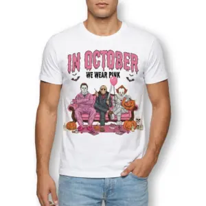 In October We Wear Pink Horror Villains Halloween Shirt 8 Halloween shirt with pink-themed horror villains.
